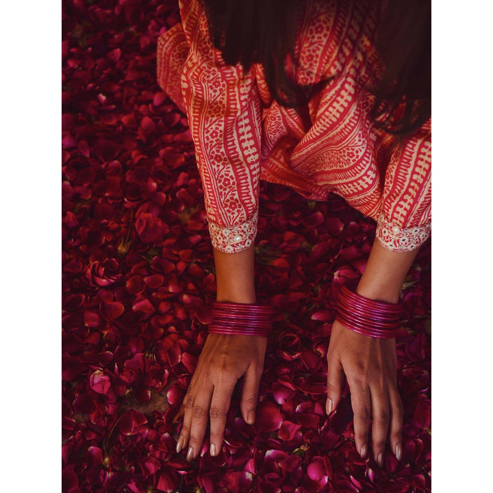 Karaj Jaipur Pink Printed Dress (Set of 3)
