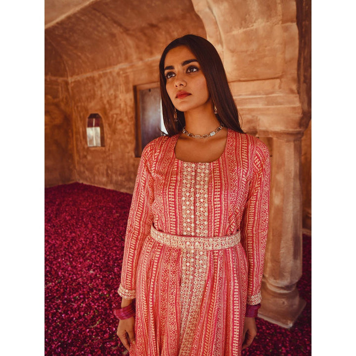 Karaj Jaipur Pink Printed Dress (Set of 3)