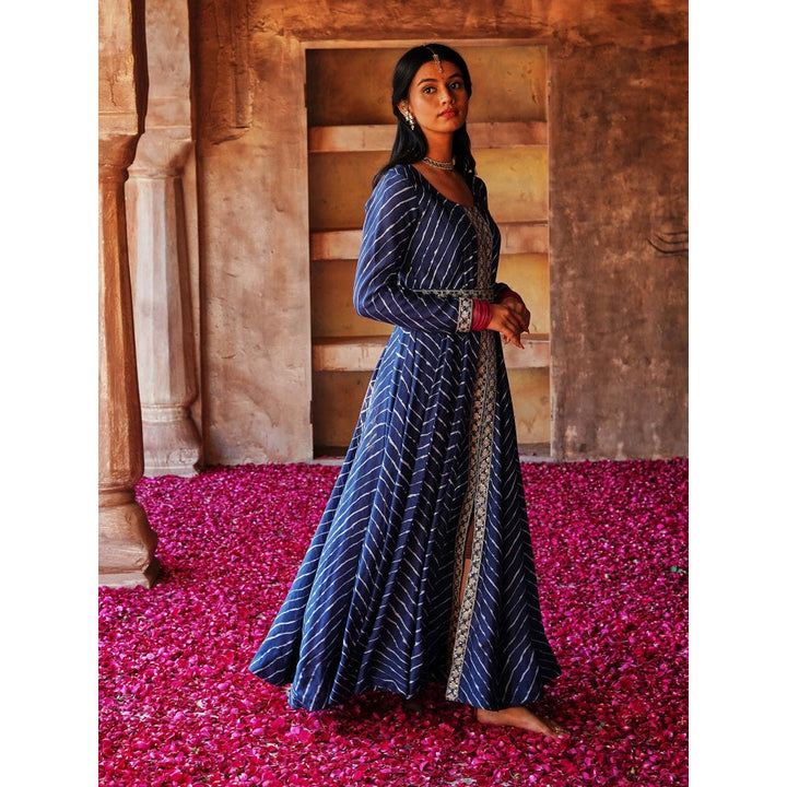 Karaj Jaipur Navy Blue Printed Dress (Set of 3)