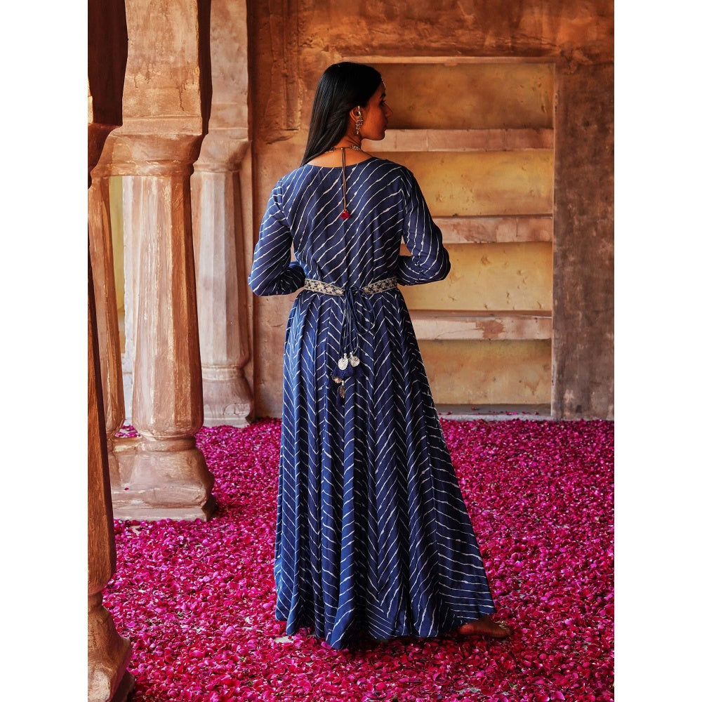 Karaj Jaipur Navy Blue Printed Dress (Set of 3)