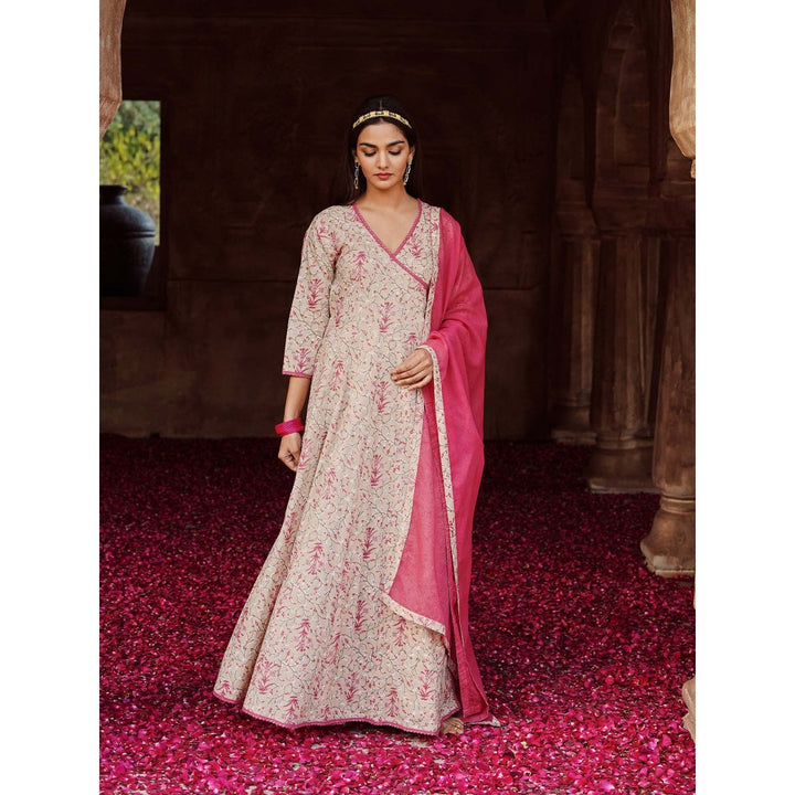Karaj Jaipur Beige Angarkha Dress (Set of 3)