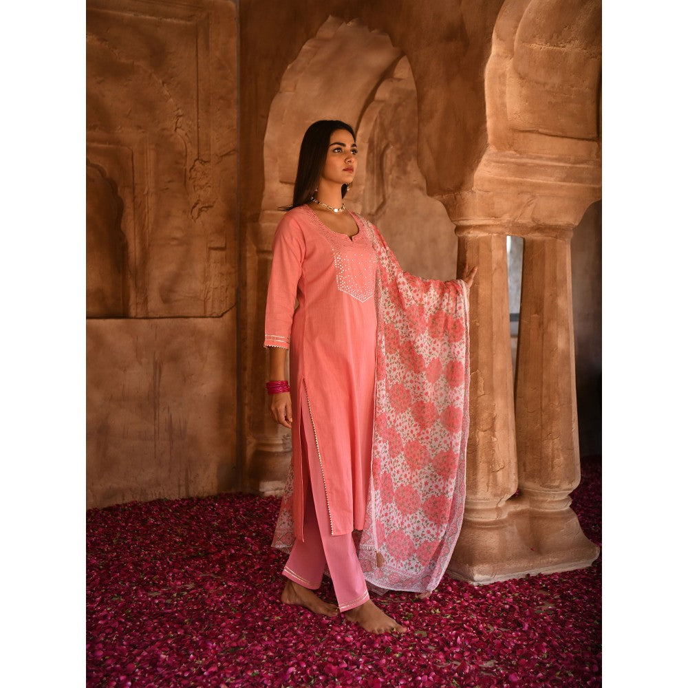 Karaj Jaipur Pink Gul Scattered Gota Mirror Kurta with Pants & Dupatta (Set of 3)