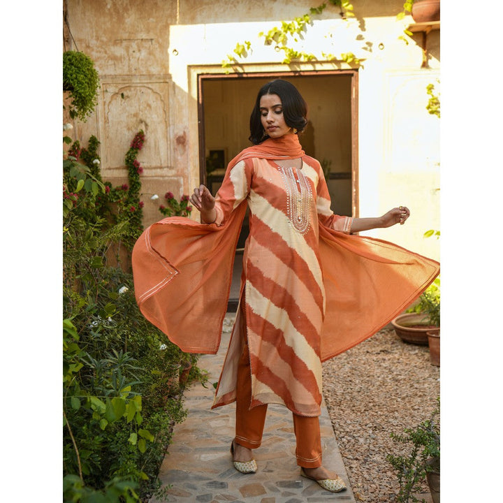 Karaj Jaipur Orange Mirror Lehariya Work Kurta with Pants & Dupatta (Set of 3)