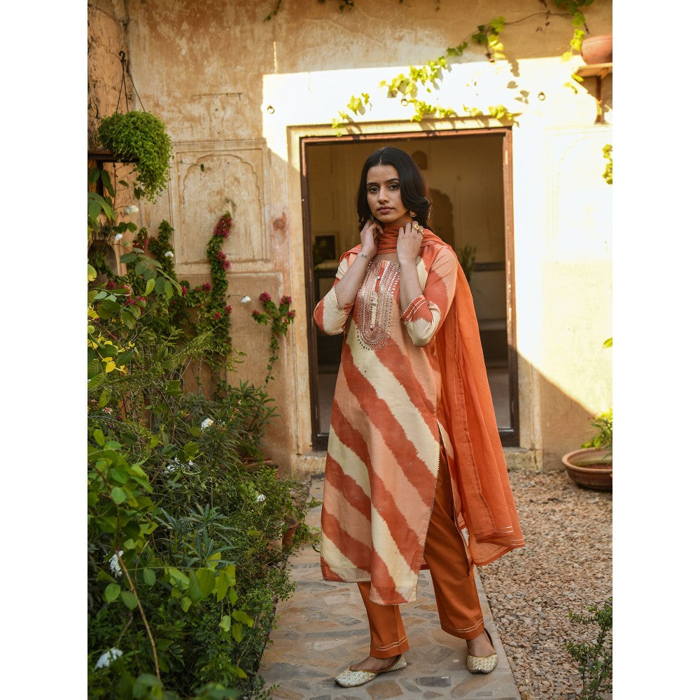 Karaj Jaipur Orange Mirror Lehariya Work Kurta with Pants & Dupatta (Set of 3)