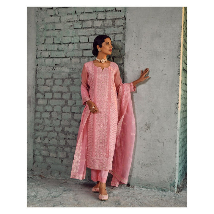 Karaj Jaipur Pink Organza Thread Embroidered Kurta (Set of 3)