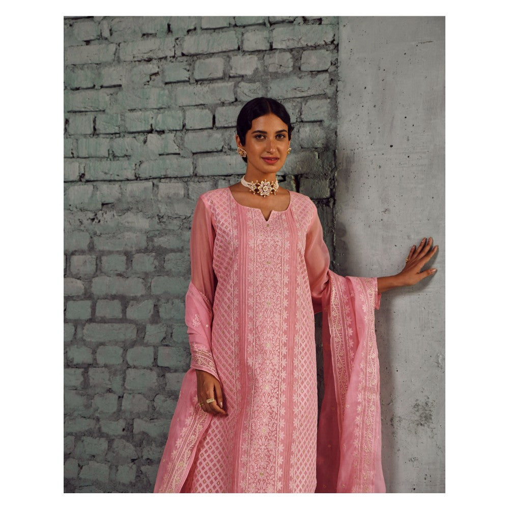 Karaj Jaipur Pink Organza Thread Embroidered Kurta (Set of 3)