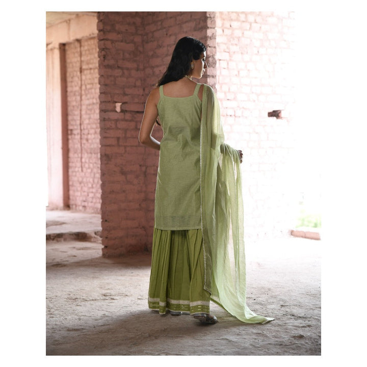Karaj Jaipur Hoor Green Short Kurta Sharara (Set of 3)