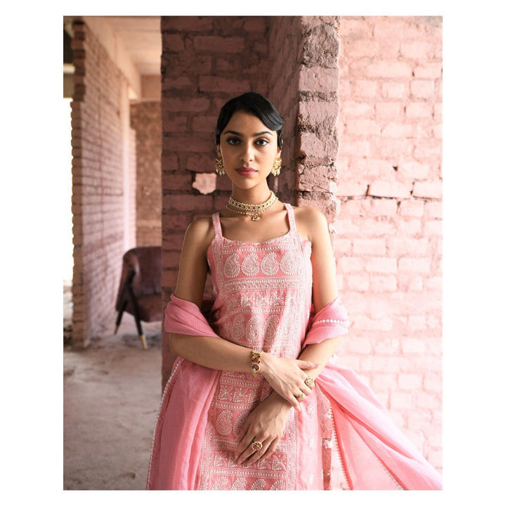 Karaj Jaipur Zara Pink Strap Kurta Sharara (Set of 3)