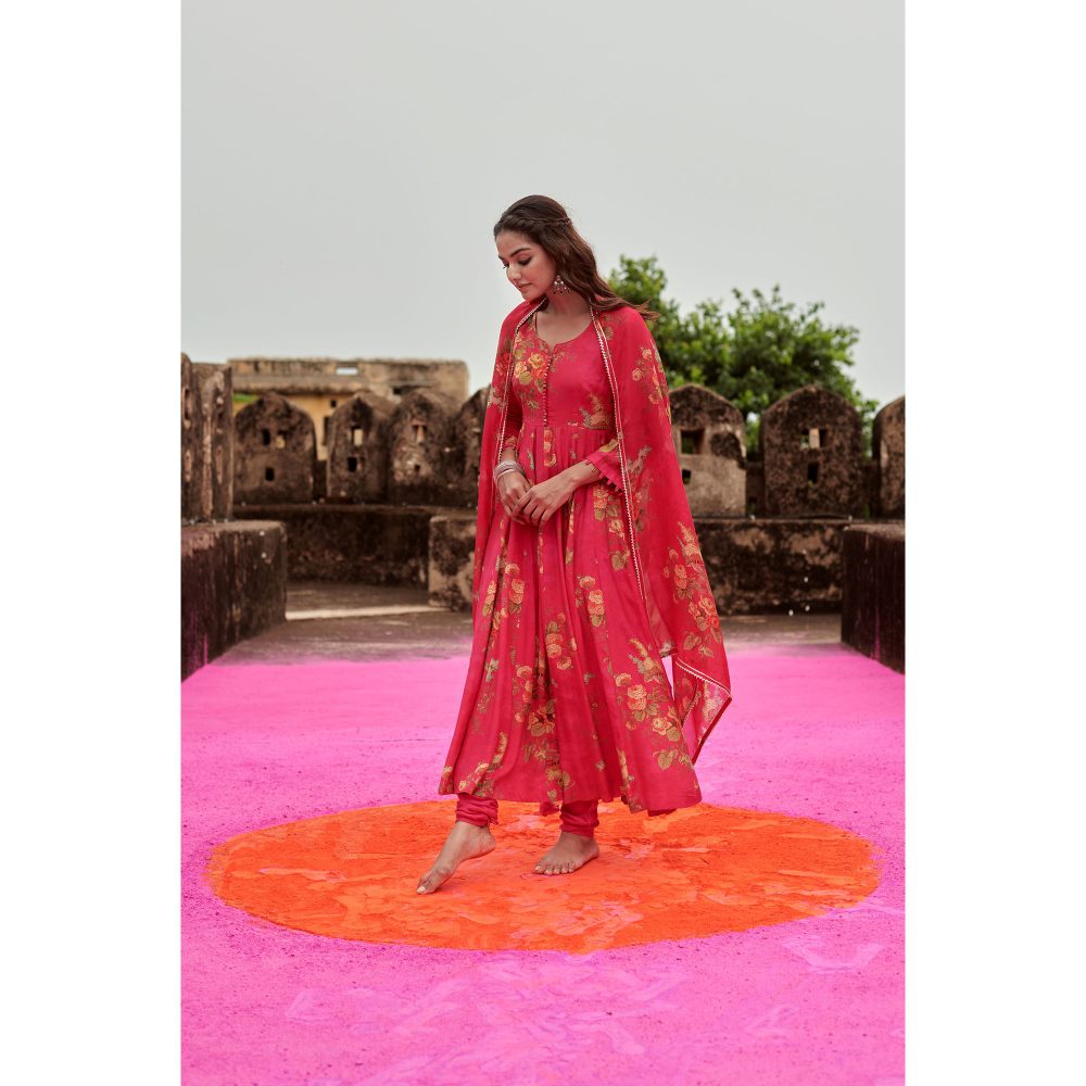 Karaj Jaipur Pink Floral Printed Muslin Anarkali with Churidar and Dupatta (Set of 3)