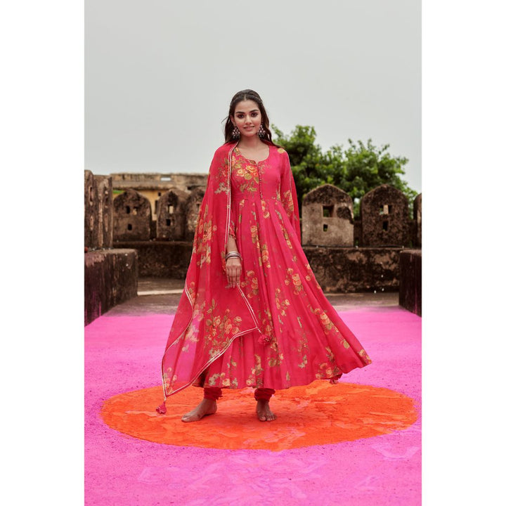 Karaj Jaipur Pink Floral Printed Muslin Anarkali with Churidar and Dupatta (Set of 3)
