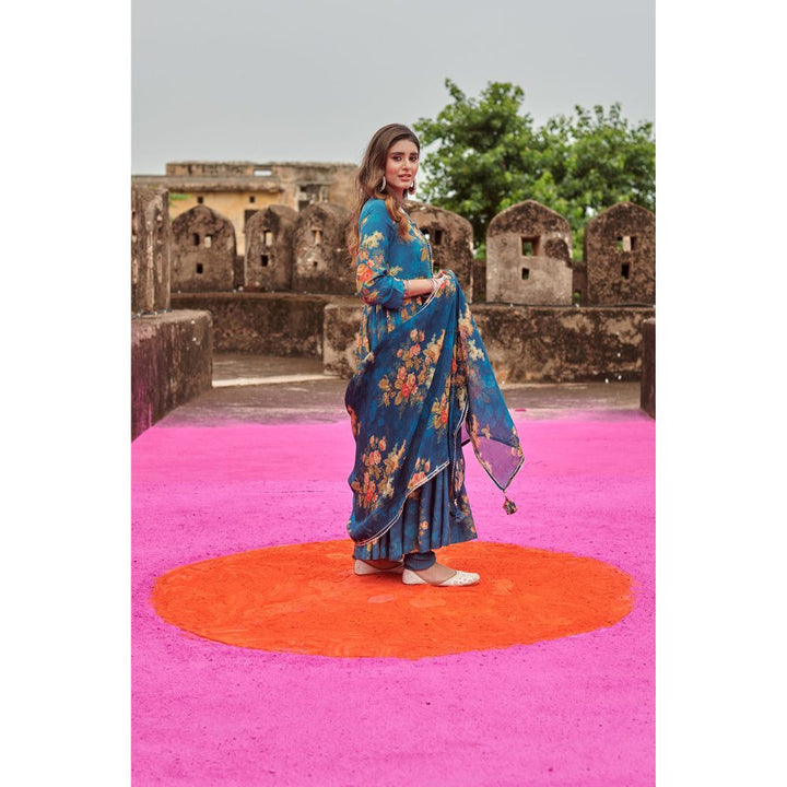 Karaj Jaipur Blue Floral Printed Muslin Anarkali with Churidar and Dupatta (Set of 3)