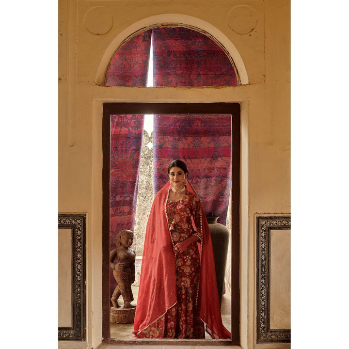 Karaj Jaipur Red Floral Printed Kurta with Sharara and Dupatta (Set of 3)