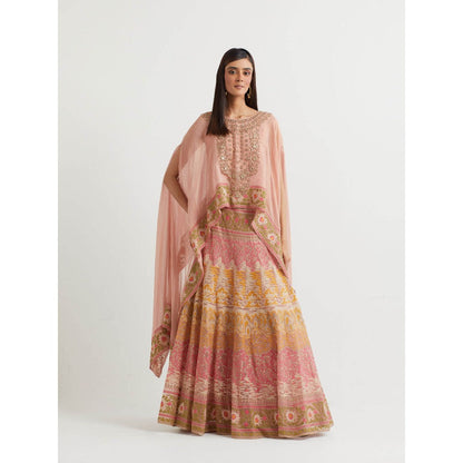 KAVITA BHARTIA Embroidered Cape with Skirt in Peach (Set of 2)