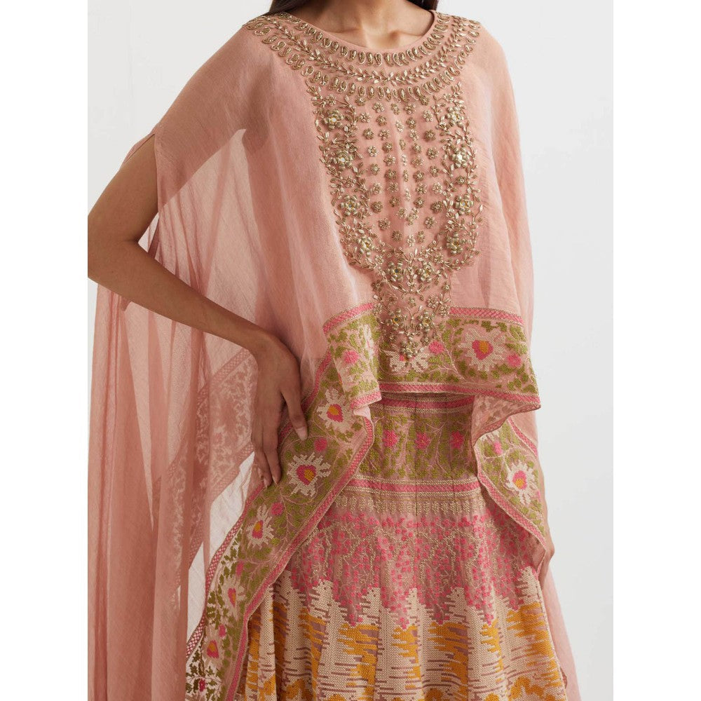 KAVITA BHARTIA Embroidered Cape with Skirt in Peach (Set of 2)