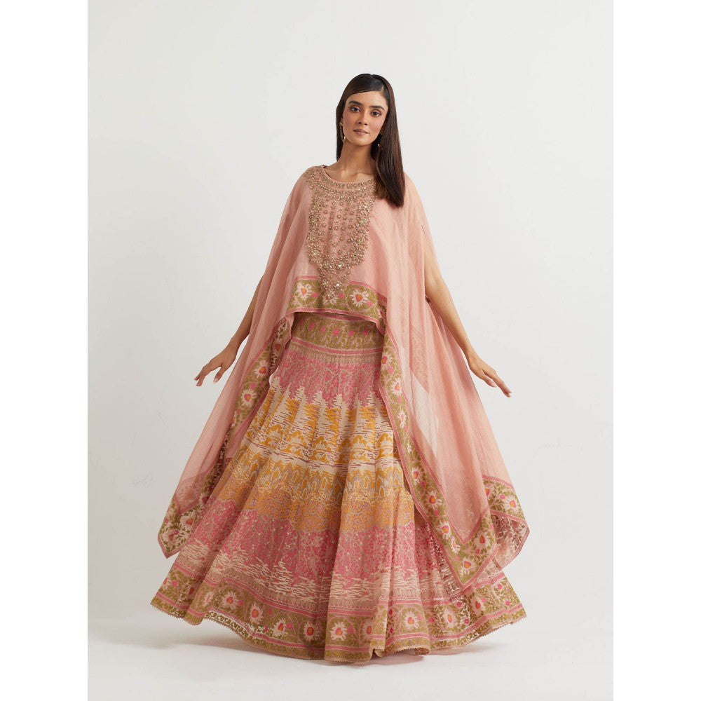 KAVITA BHARTIA Embroidered Cape with Skirt in Peach (Set of 2)