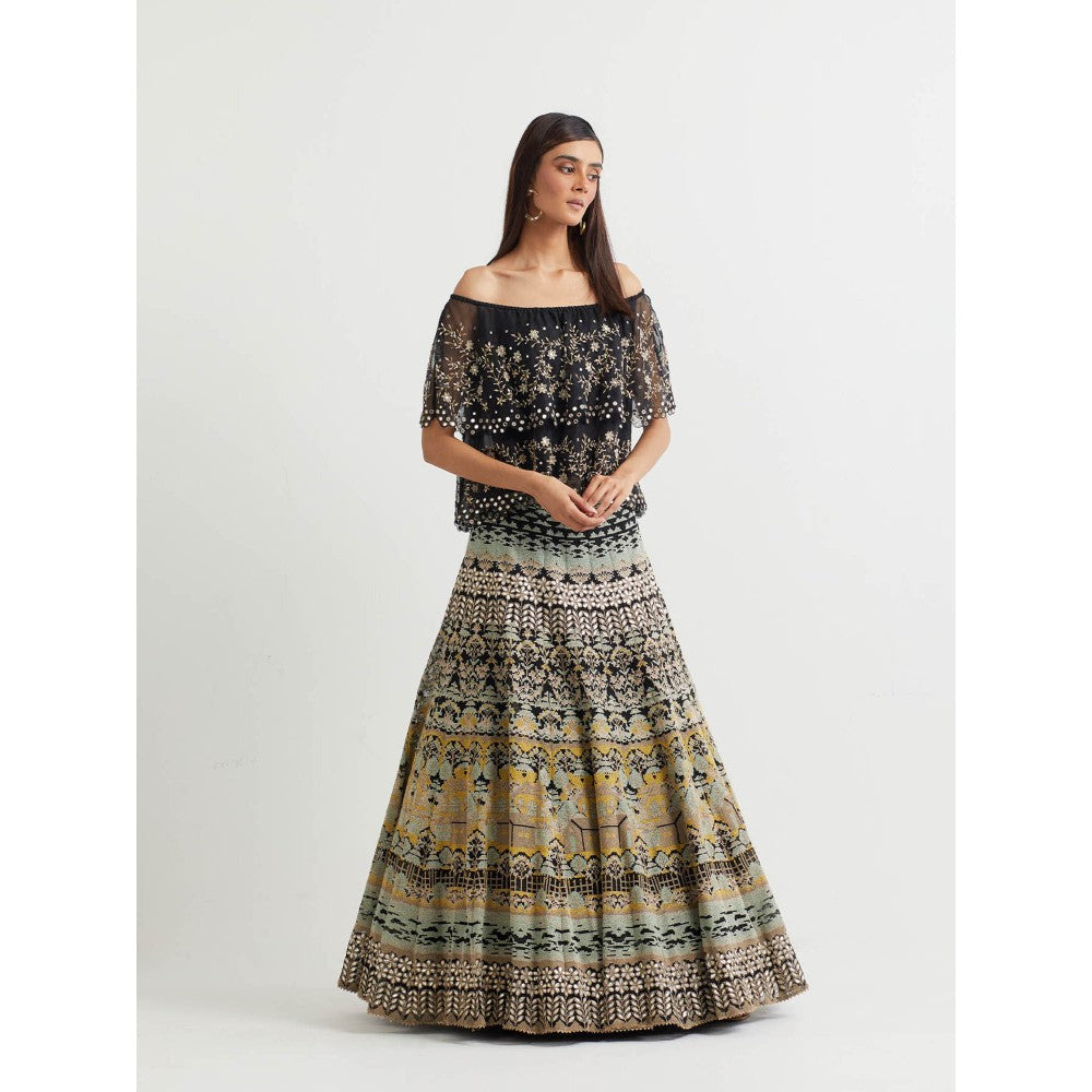 KAVITA BHARTIA Floral Cape with Skirt in Black (Set of 2)