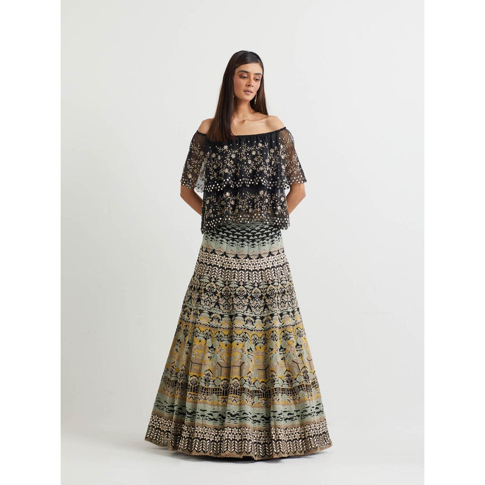 KAVITA BHARTIA Floral Cape with Skirt in Black (Set of 2)