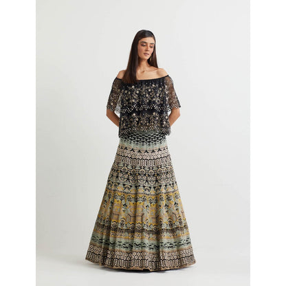 KAVITA BHARTIA Floral Cape with Skirt in Black (Set of 2)