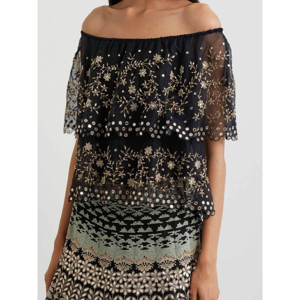 KAVITA BHARTIA Floral Cape with Skirt in Black (Set of 2)