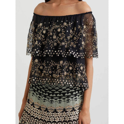 KAVITA BHARTIA Floral Cape with Skirt in Black (Set of 2)