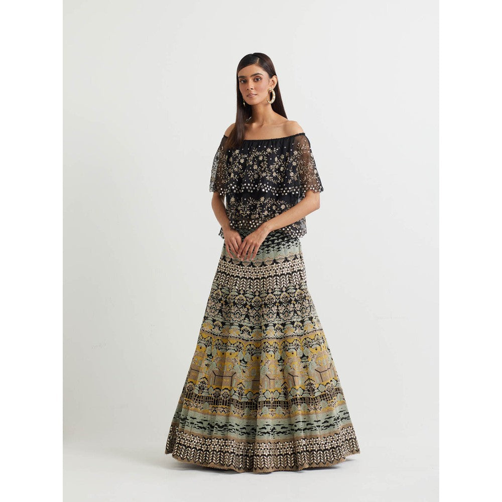 KAVITA BHARTIA Floral Cape with Skirt in Black (Set of 2)