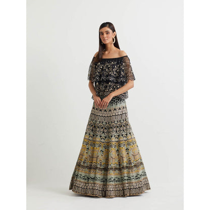 KAVITA BHARTIA Floral Cape with Skirt in Black (Set of 2)