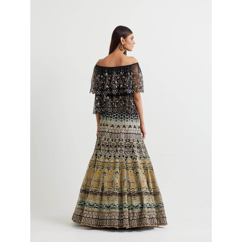 KAVITA BHARTIA Floral Cape with Skirt in Black (Set of 2)