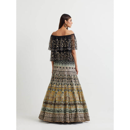 KAVITA BHARTIA Floral Cape with Skirt in Black (Set of 2)