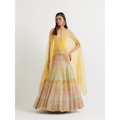 KAVITA BHARTIA Cape with Embroidered Skirt in Yellow (Set of 2)