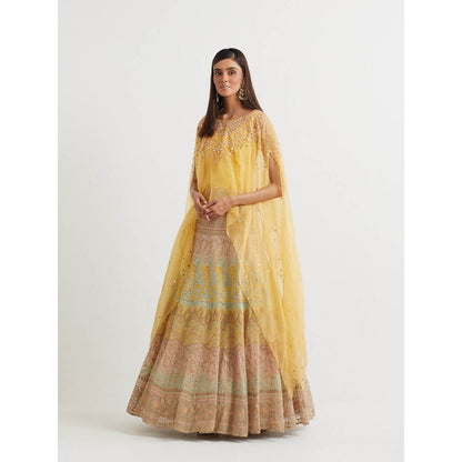 KAVITA BHARTIA Cape with Embroidered Skirt in Yellow (Set of 2)