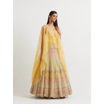 KAVITA BHARTIA Cape with Embroidered Skirt in Yellow (Set of 2)