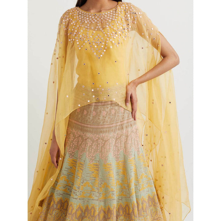 KAVITA BHARTIA Cape with Embroidered Skirt in Yellow (Set of 2)