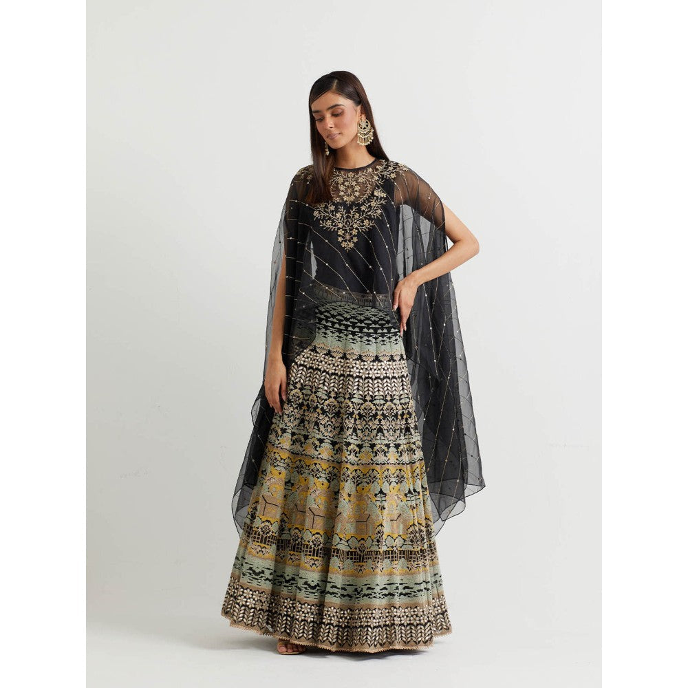 KAVITA BHARTIA Floral Cape with Skirt in Black (Set of 2)