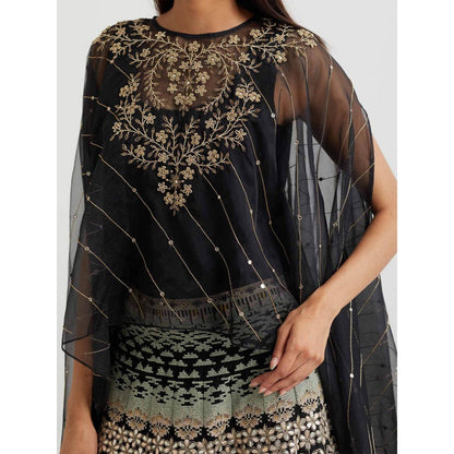 KAVITA BHARTIA Floral Cape with Skirt in Black (Set of 2)