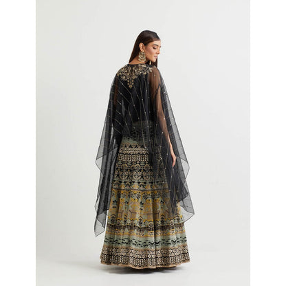 KAVITA BHARTIA Floral Cape with Skirt in Black (Set of 2)