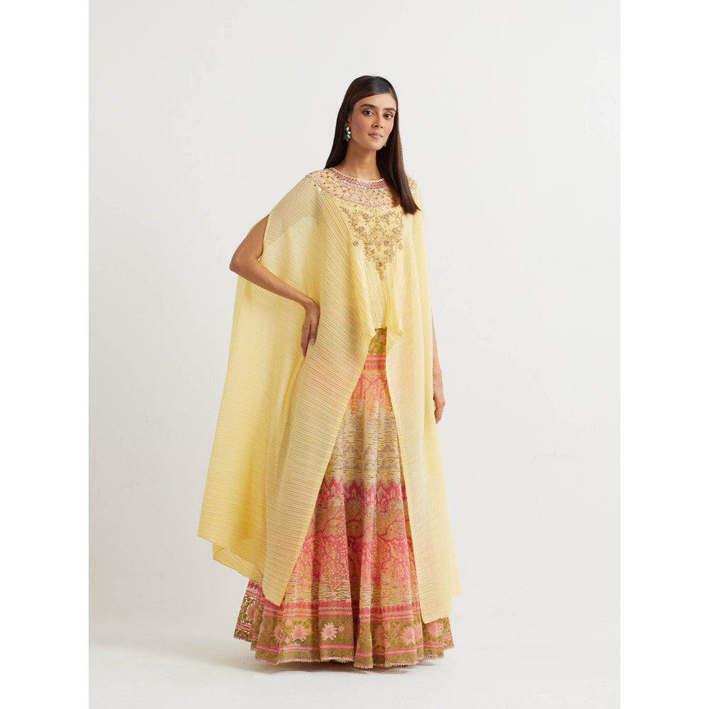 KAVITA BHARTIA Embroidered Cape with Skirt in Yellow (Set of 2)
