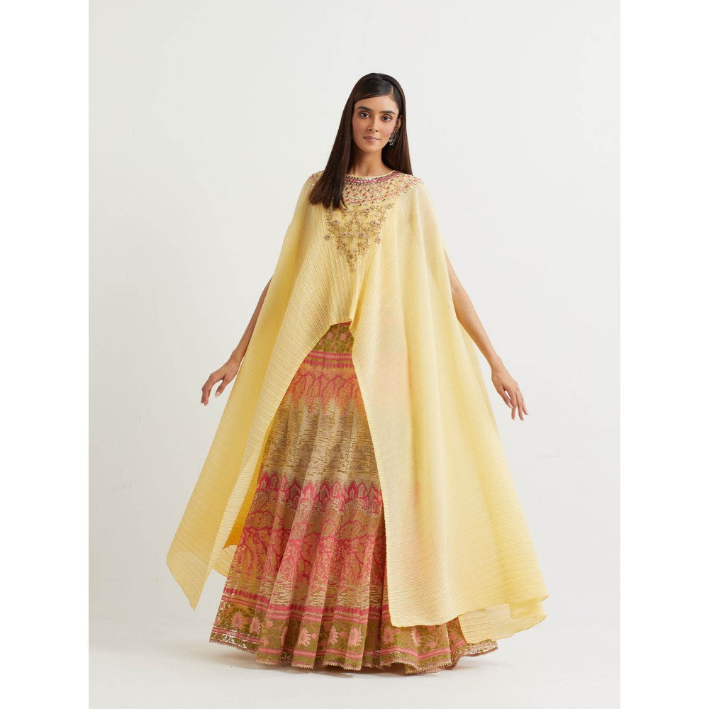 KAVITA BHARTIA Embroidered Cape with Skirt in Yellow (Set of 2)