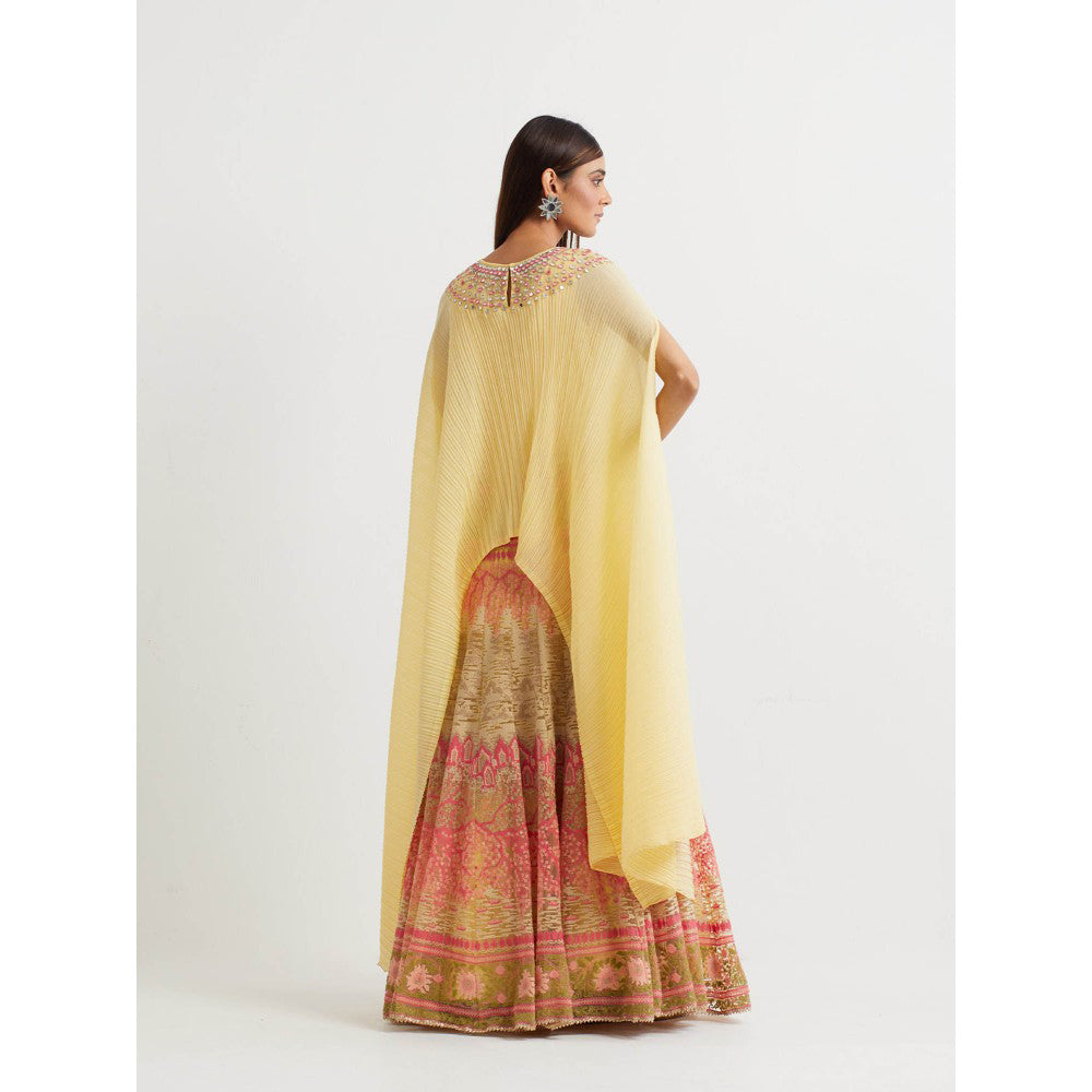 KAVITA BHARTIA Embroidered Cape with Skirt in Yellow (Set of 2)