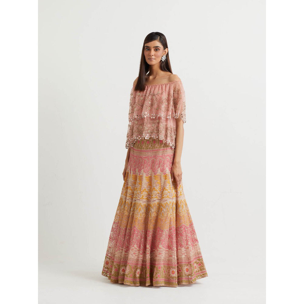 KAVITA BHARTIA Embroidered Cape with Skirt in Pink (Set of 2)