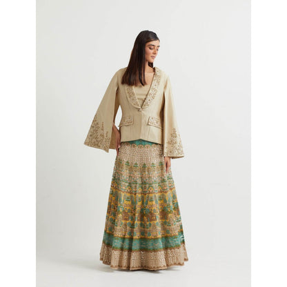 KAVITA BHARTIA Embroidered Jacket with Skirt in Beige (Set of 2)