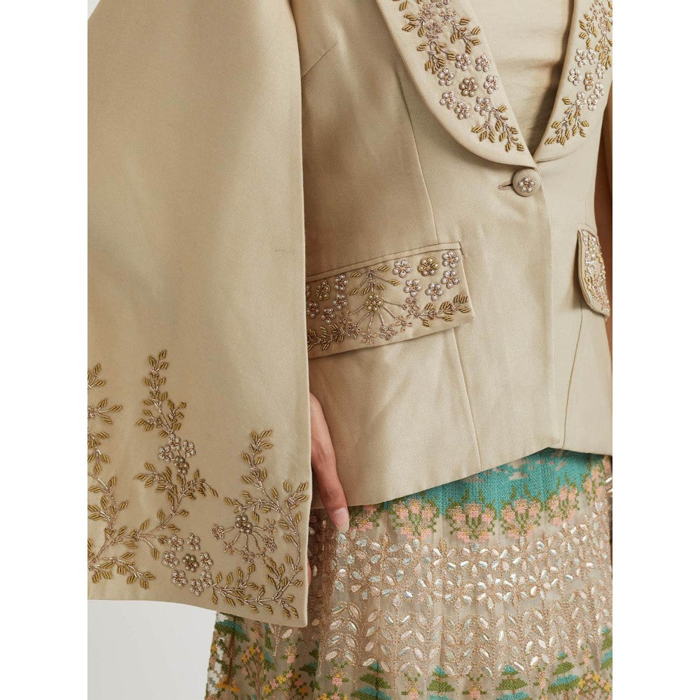KAVITA BHARTIA Embroidered Jacket with Skirt in Beige (Set of 2)