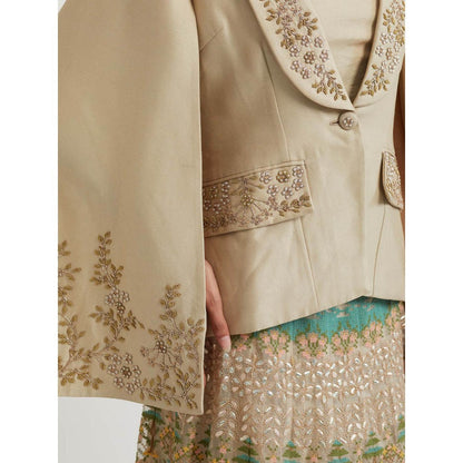 KAVITA BHARTIA Embroidered Jacket with Skirt in Beige (Set of 2)
