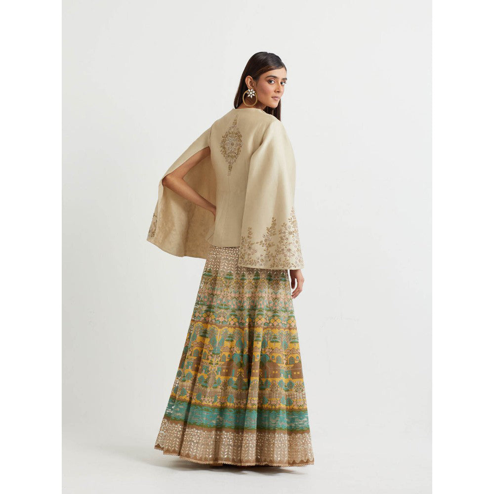 KAVITA BHARTIA Embroidered Jacket with Skirt in Beige (Set of 2)