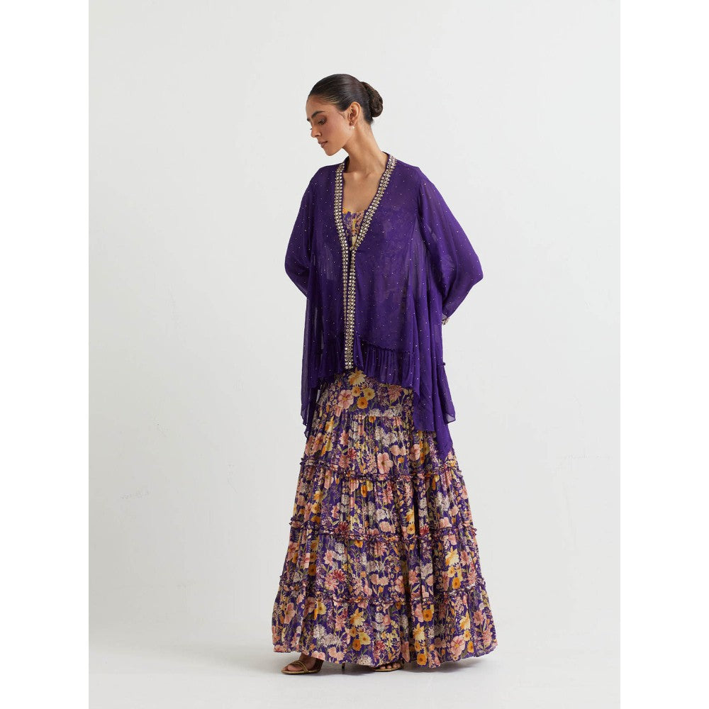 KAVITA BHARTIA Jacket with Floral Skirt in Purple (Set of 2)