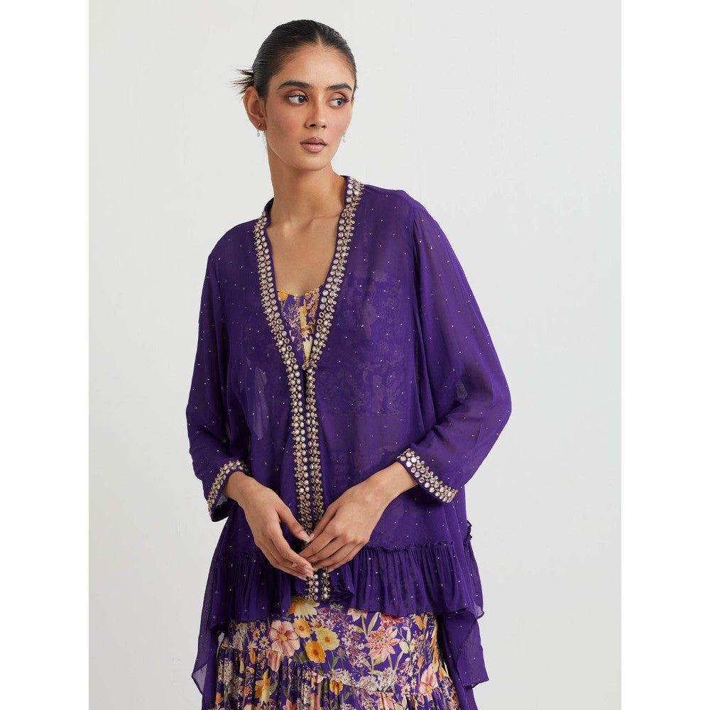 KAVITA BHARTIA Jacket with Floral Skirt in Purple (Set of 2)