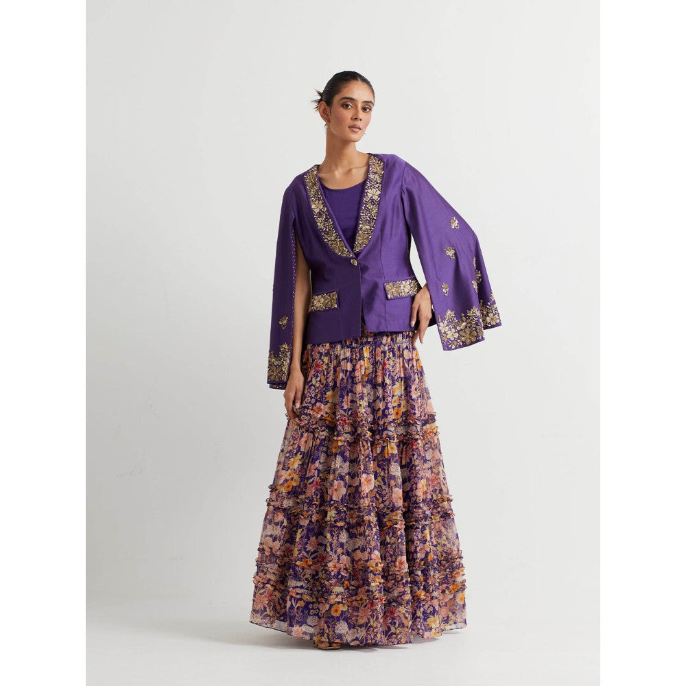 KAVITA BHARTIA Embellished Jacket with Skirt in Purple (Set of 3)