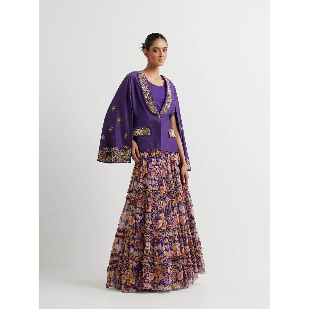 KAVITA BHARTIA Embellished Jacket with Skirt in Purple (Set of 3)