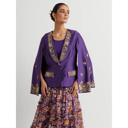 KAVITA BHARTIA Embellished Jacket with Skirt in Purple (Set of 3)