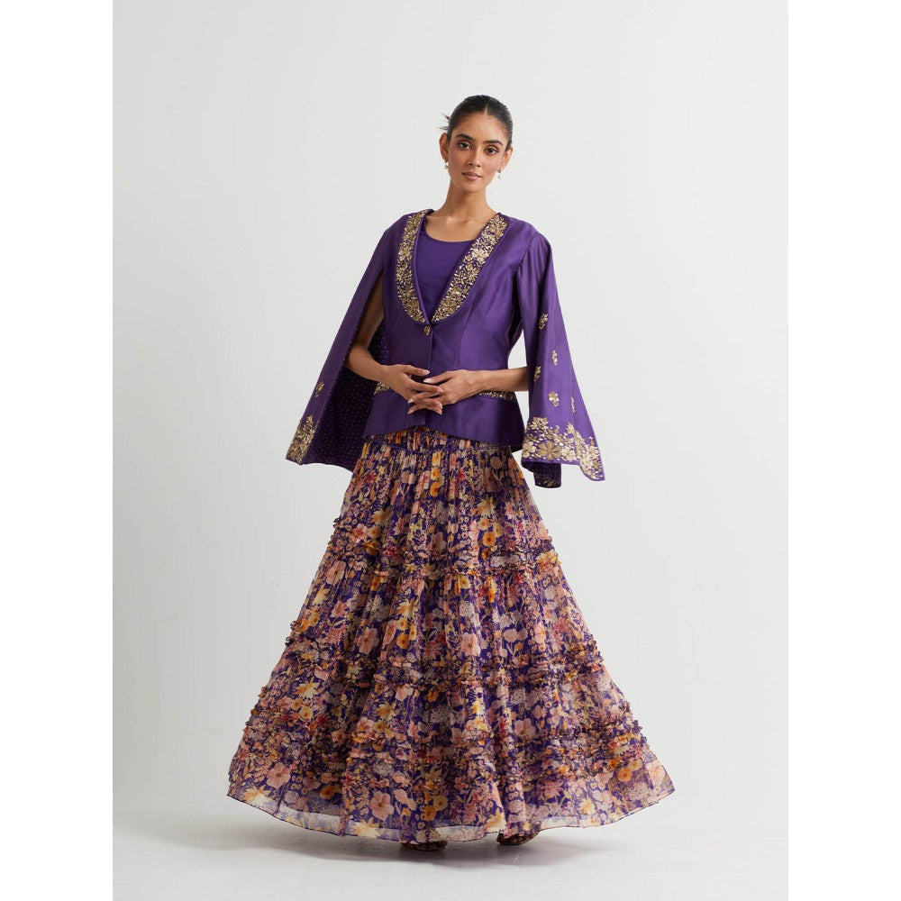 KAVITA BHARTIA Embellished Jacket with Skirt in Purple (Set of 3)