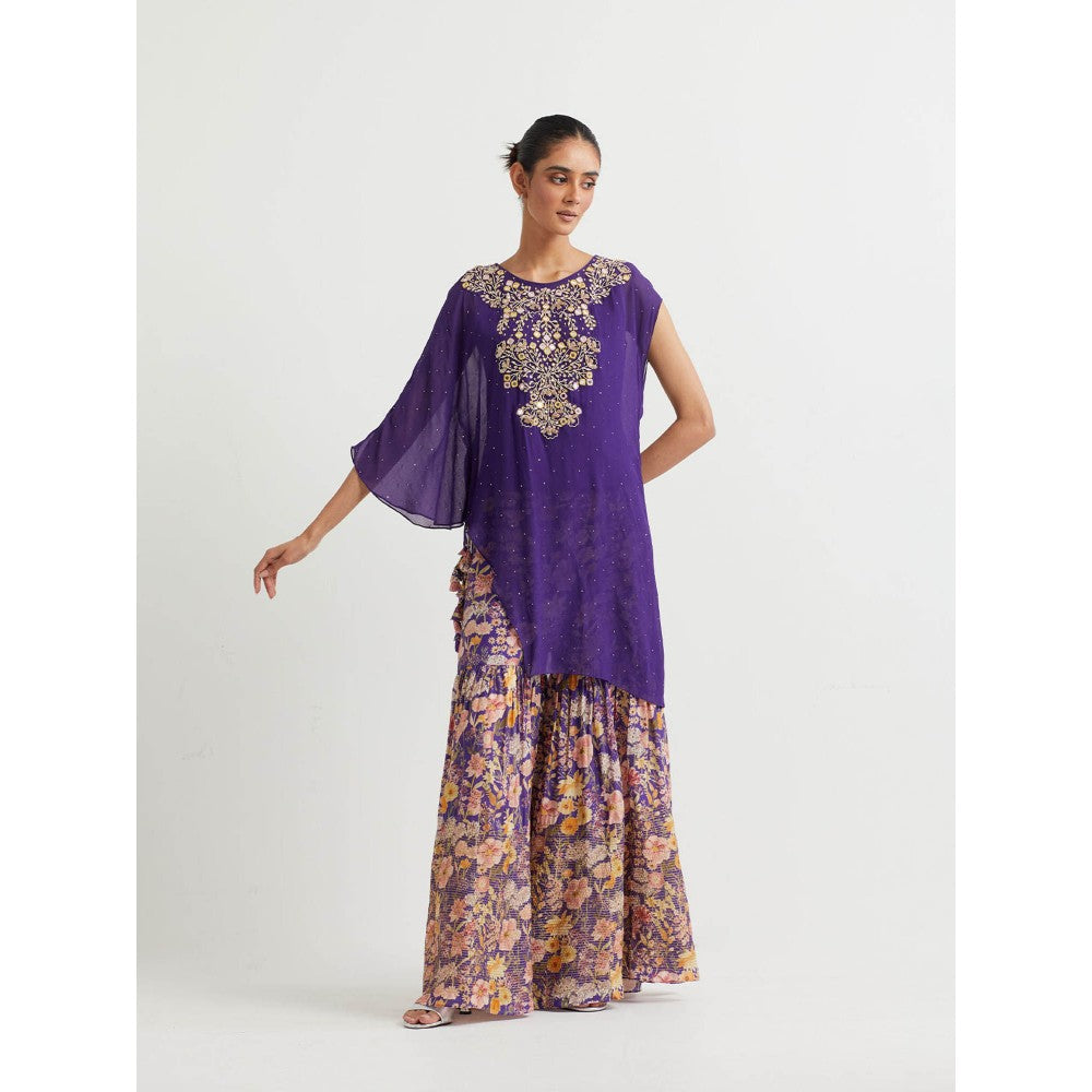 KAVITA BHARTIA Cape with Floral Sharara in Purple (Set of 2)